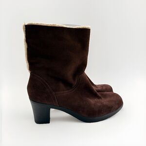 Clark’s Bendables Brown Suede Faux Fur Heeled Boots Ankle Size 8.5 M